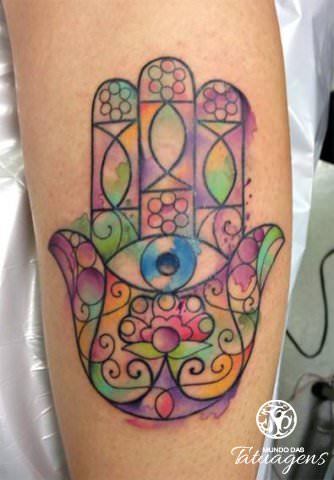 334x480 Watercolor Paint Adds Feminine Color To This Floral Hamsa Tattoo - Watercolor Hamsa Tattoo