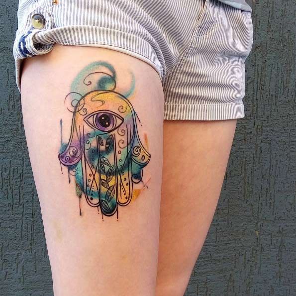 595x595 Wonderful Watercolor Tattoos For Women Tattoos - Watercolor Hamsa Tattoo