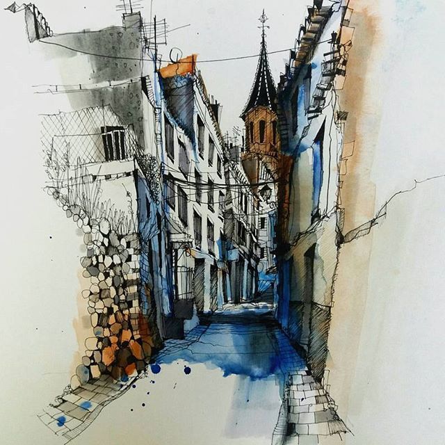640x640 Narrow Street - Watercolor Hashtags