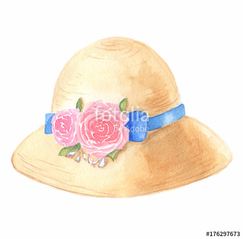 500x492 Hat Drawn Illustration Watercolor Summer Roses Blue Ribbon Fashion - Watercolor Hat
