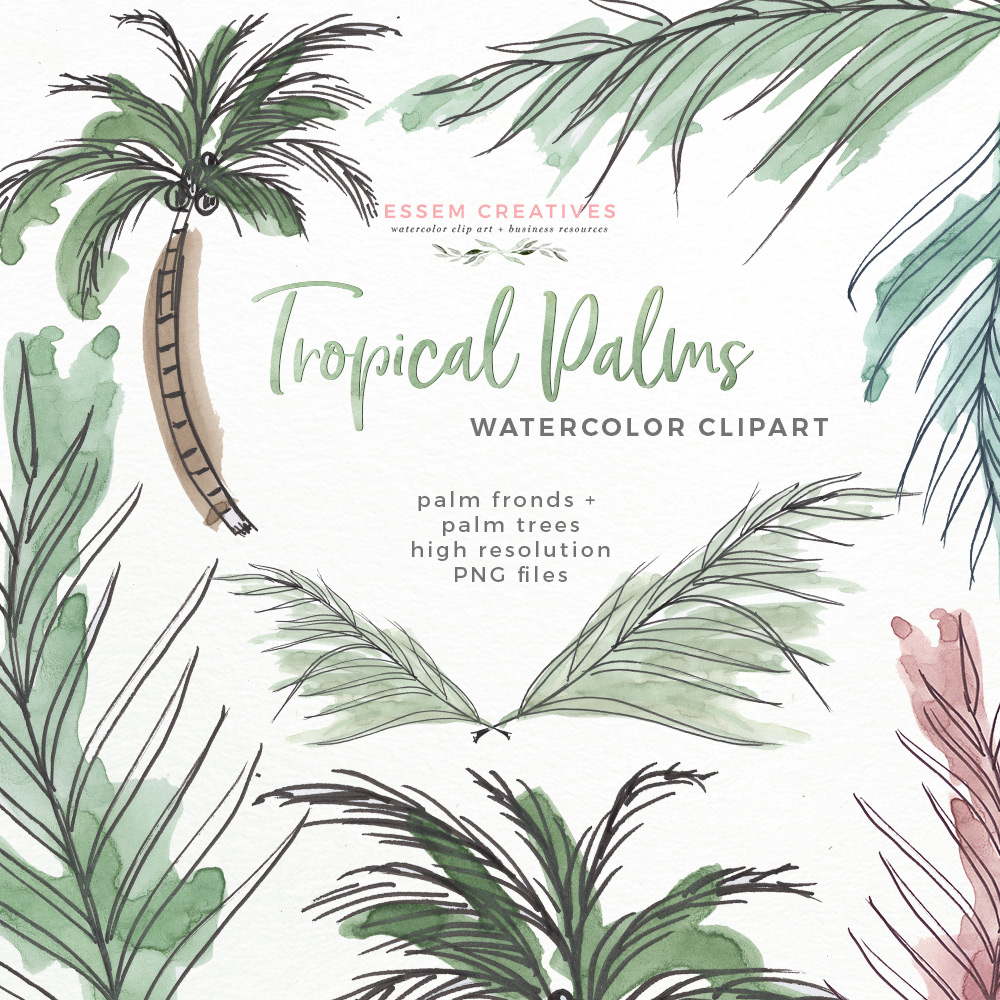 1000x1000 Tropical Palm Trees Fronds Leaf Print Greenery Clipart Essem - Watercolor Hawaii