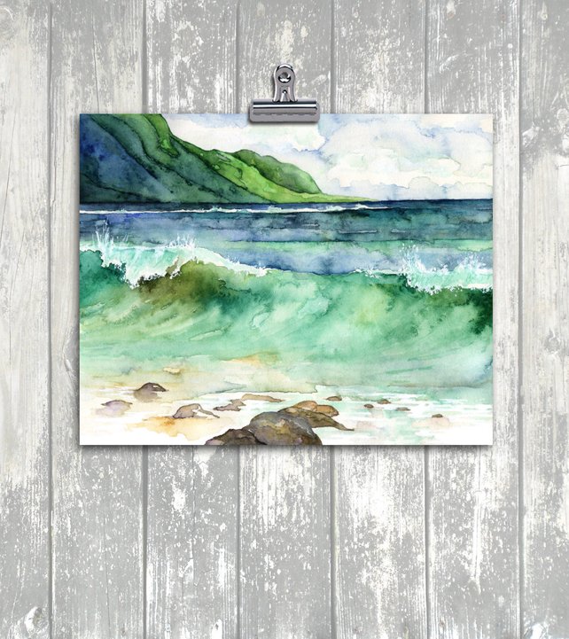 642x721 Watercolor Hawaii Painting Print Titled Green Etsy - Watercolor Hawaii