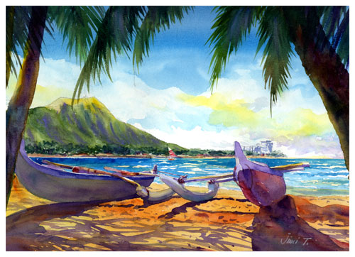 500x362 Jtdesignsonline Hawaiian Canoewatercolor By Hawaii Artistjimmy - Watercolor Hawaii