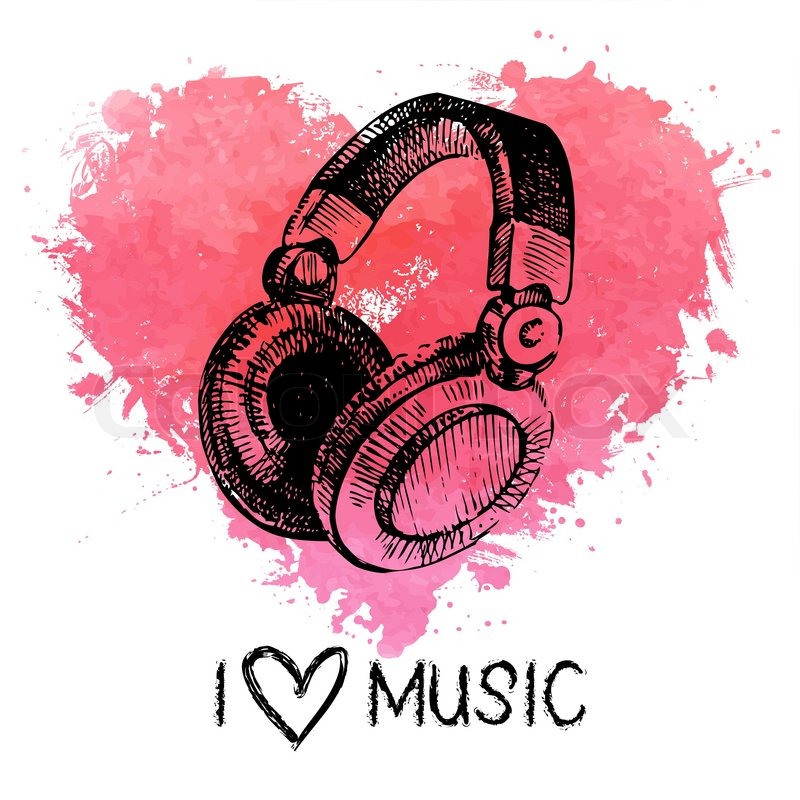 800x800 Music Background With Splash Watercolor Heart And Sketch - Watercolor Headphones
