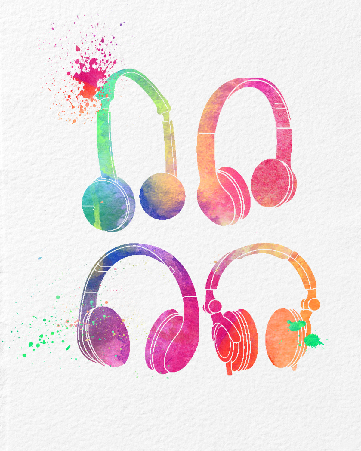 1200x1500 Watercolor Art Headphones High Fidelity Gift Modern 8x10 Wall Art - Watercolor Headphones