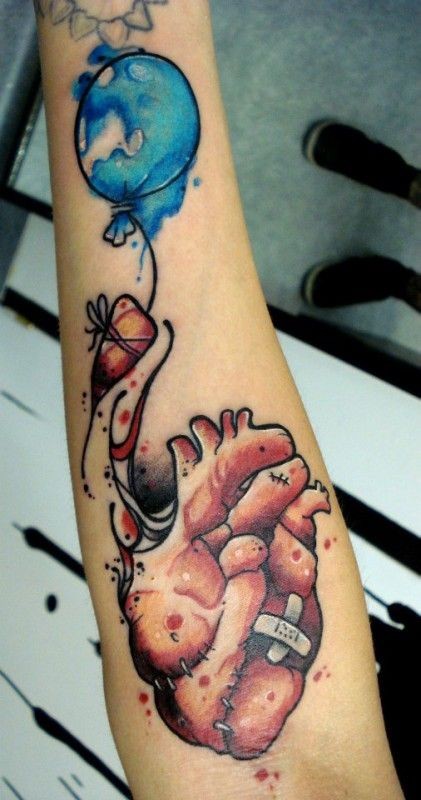 421x800 Watercolor Heart And A Balloon Forearm Tattoo - Watercolor Heart Tattoo