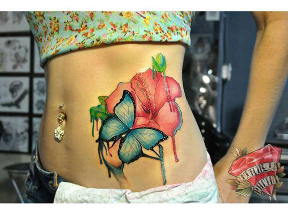 575x429 35 Black Amp Grey And Colorful Hibiscus Tattoos - Watercolor Hibiscus Tattoo