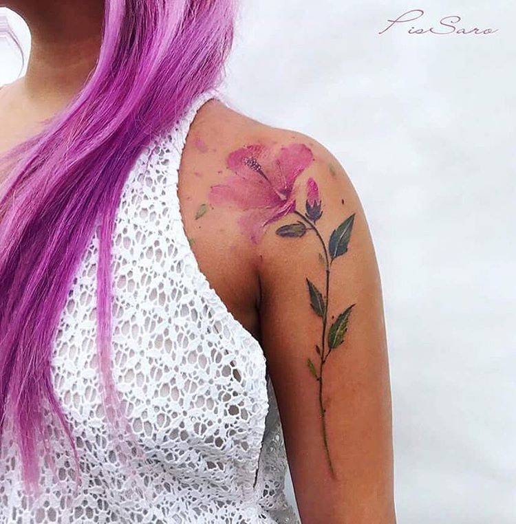 750x762 Watercolor Hibiscus Tattoo On The Left Shoulder. - Watercolor Hibiscus Tattoo