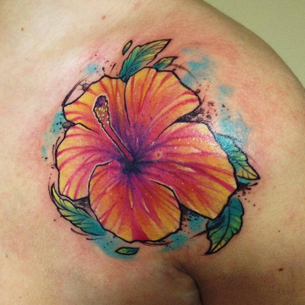1000x1000 Watercolor Style Hibiscus Flower Tattoo On The Left - Watercolor Hibiscus Tattoo