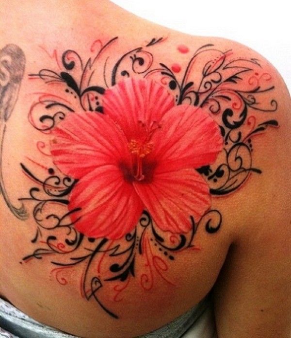 600x696 Beautiful Hibiscus Flower Watercolor Tattoo On Upper Back Things - Watercolor Hibiscus Tattoo