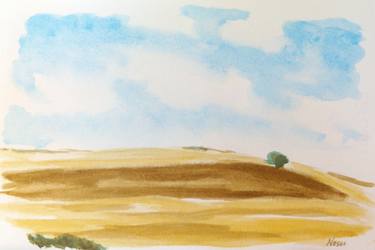 375x250 Saatchi Art Italian Landscape Cornfield Hills And Tree In The - Watercolor Hills