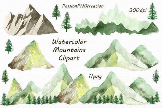 570x379 Watercolor Mountains Clipart Png Hand Painted Watercolour Etsy - Watercolor Hills