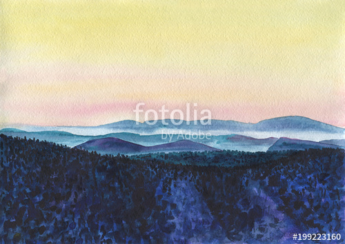 500x354 Watercolor Painting. Colorful Mountain Landscape With A Haze - Watercolor Hills