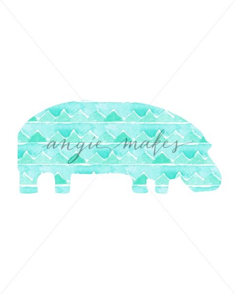 480x600 Cute, Teal Watercolor Hippo Art Work. Download + Print Today - Watercolor Hippo
