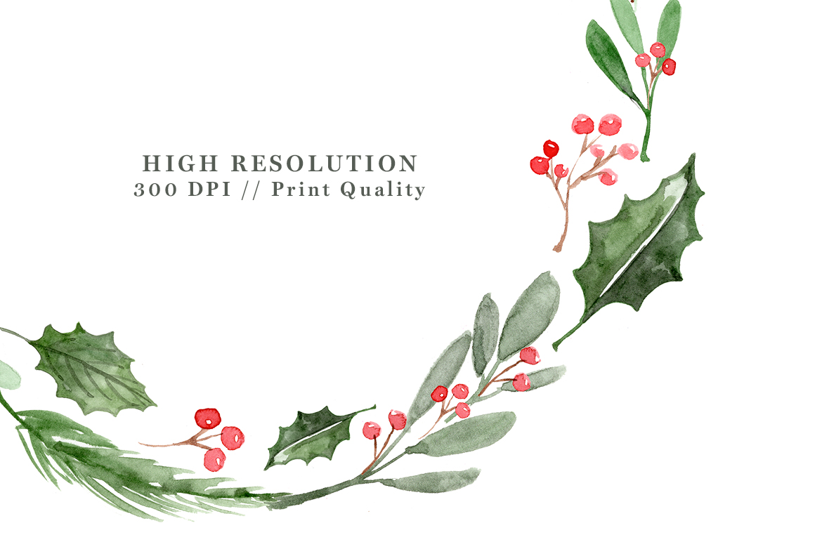 1160x772 Watercolor Christmas Wreath Clipart, Christmas Card Templates, 5x7 A4 - Watercolor Holly