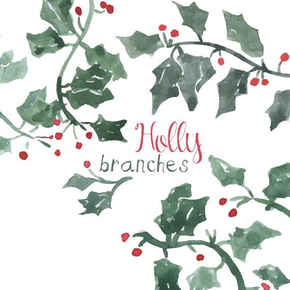 570x570 Watercolor Holly Branch Clip Art For Scrapbooking Holiday Etsy - Watercolor Holly