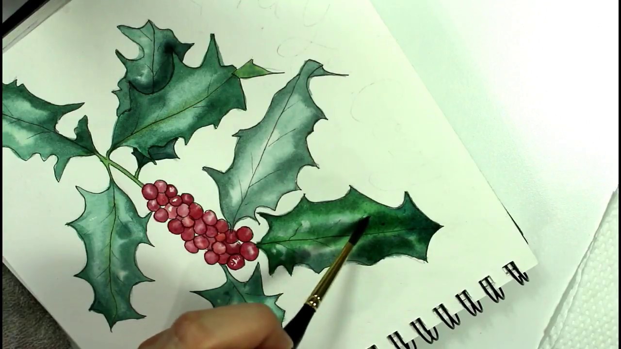 1280x720 Watercolor Holly And Red Berries Painting Tutorial - Watercolor Holly