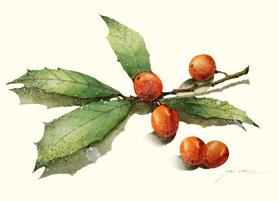 570x411 Watercolor Painting Holly Painting Watercolor Holly 5 Etsy - Watercolor Holly