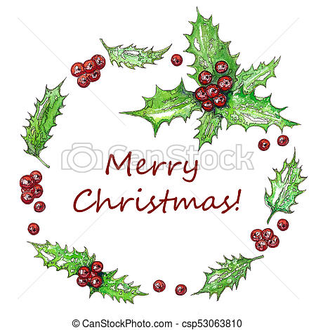 450x470 Christmas Wreath With Holly Leaves And Red Berries Watercolor - Watercolor Holly Leaves