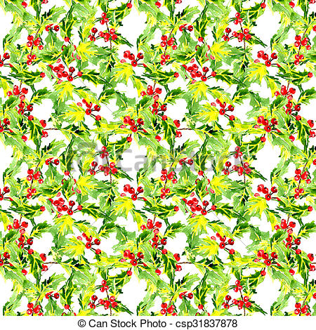 450x470 Hand Drawn Watercolor Christmas Background With Holly Leaves And - Watercolor Holly Leaves