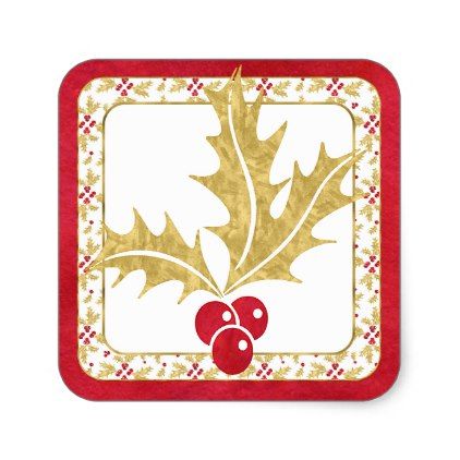 422x422 Red And Gold Watercolor Holly Leaf Pattern Square Sticker Gold - Watercolor Holly Leaves