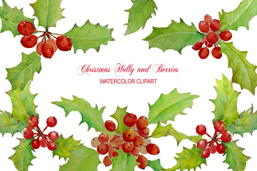 864x576 Watercolor Clipart Christmas Holly And Berry Instant Download Etsy - Watercolor Holly Leaves