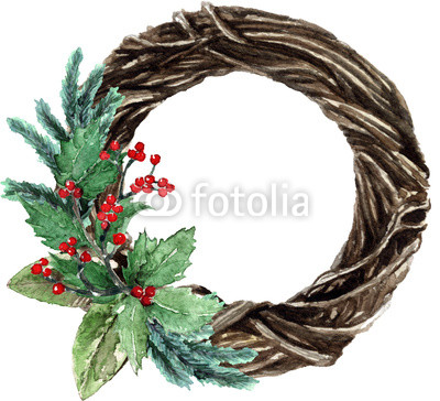 400x364 Watercolor Scandinavian Christmas Wicker Wreath. Hand Drawn Winter - Watercolor Holly Leaves