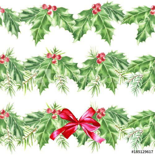 500x500 Watercolor Hand Drawn Christmas Bouquet, Fir Branches With Holly - Watercolor Holly Leaves