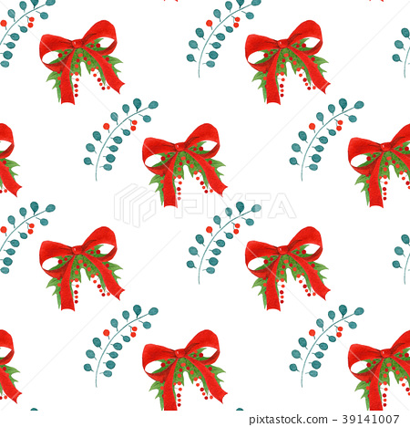 450x468 Watercolor Pattern With Red Bows,holly Leaves - Watercolor Holly Leaves
