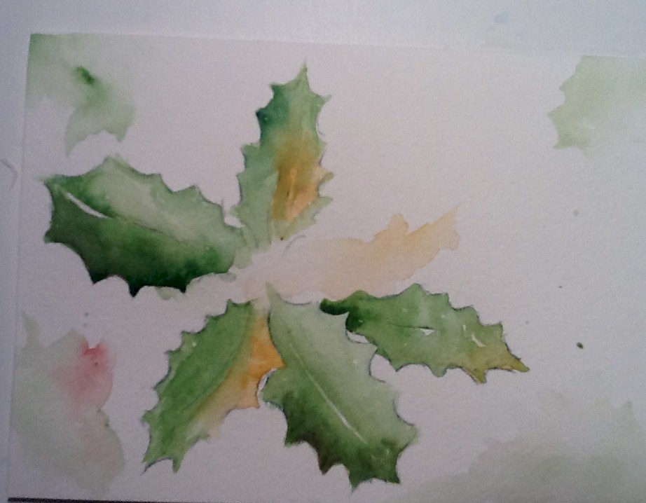 922x718 Christmas Holly Card - Watercolor Holly Leaves