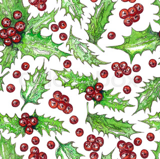 320x318 Christmas Seamless Pattern With Poinsettia Holly Leaves And Red - Watercolor Holly Leaves