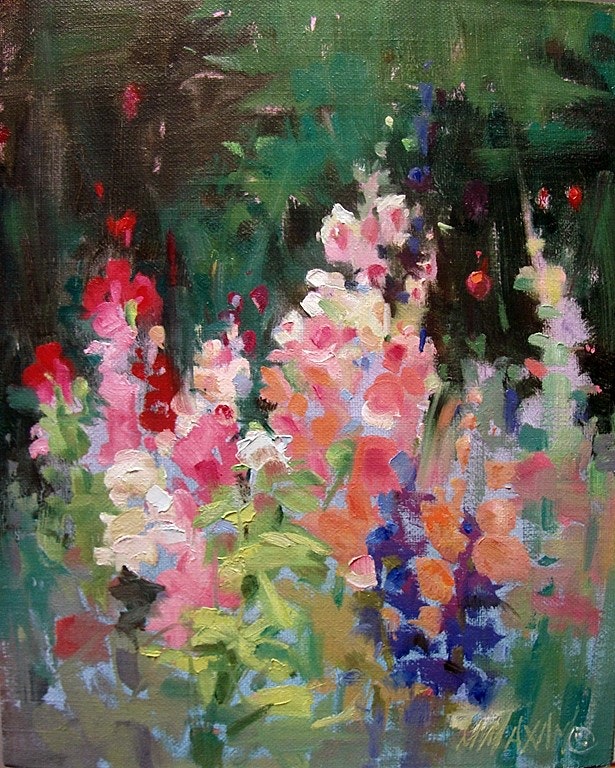 615x768 Hollyhock Garden By Artist Mary Maxam, - Watercolor Hollyhocks