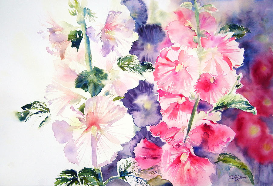 900x616 Hollyhocks Painting By Ruth Harris - Watercolor Hollyhocks