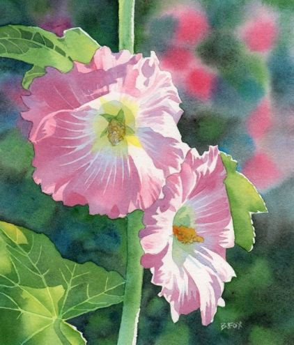 422x495 Barbara Fox Watercolor Flower In Watercolor - Watercolor Hollyhocks
