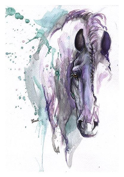 417x596 Sad Purple And Turquoise Horse Head Tattoo Design - Watercolor Horse Head