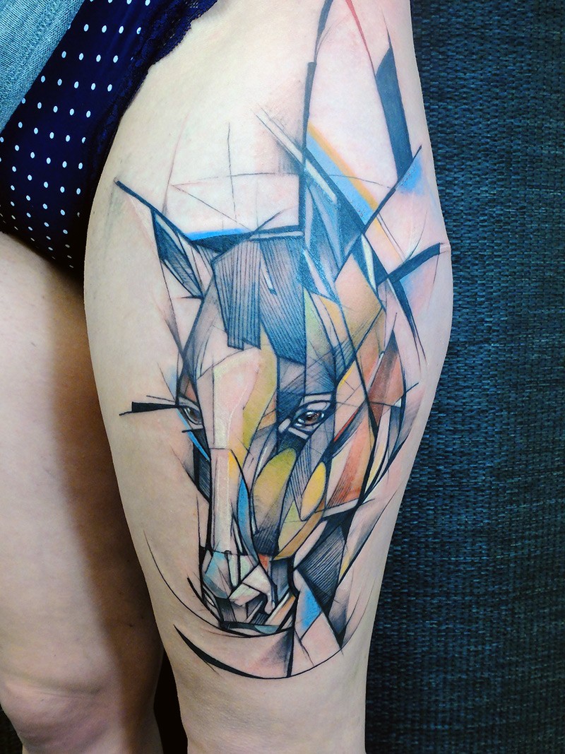 800x1067 Geometric Watercolor Horse Head Tattoo On Thigh - Watercolor Horse Tattoo