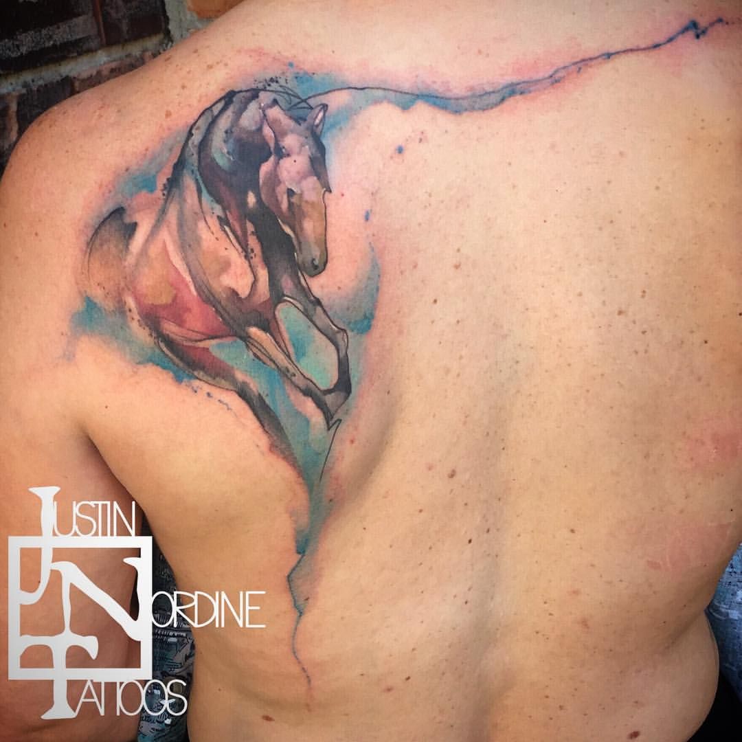 1080x1080 Gorgeous Watercolor Horse Tattoo By @justinnordinetattoos - Watercolor Horse Tattoo