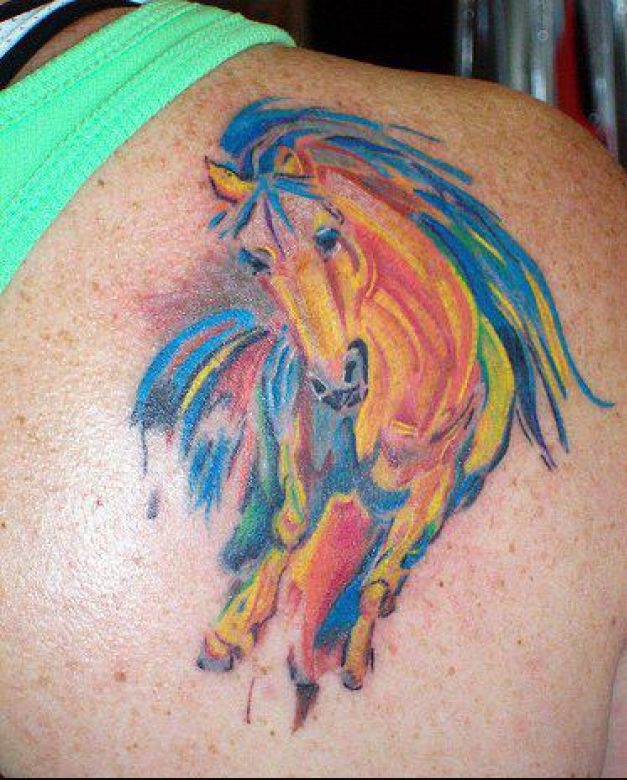 627x780 Amazing Watercolor Horse Tattoo On Back Of Shoulder Tattoo Ideas - Watercolor Horse Tattoo