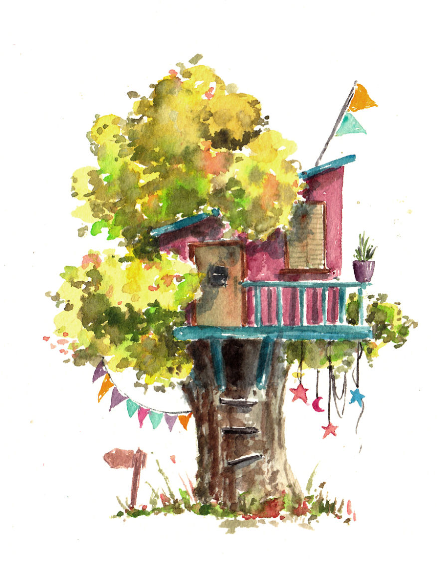 880x1173 I Use Watercolours To Paint Whimsical Tree Houses Bored Panda - Watercolor House