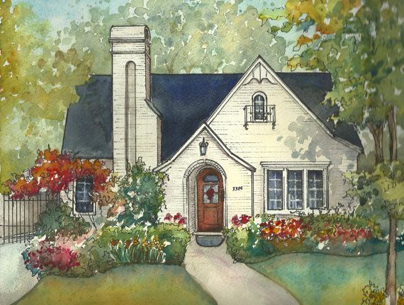 570x431 House Painting In Watercolor With Ink Details, Custom Portrait Of - Watercolor House Painting