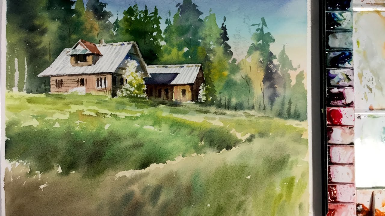 1280x720 Watercolor Painting Wooden House In The Forest - Watercolor House Painting