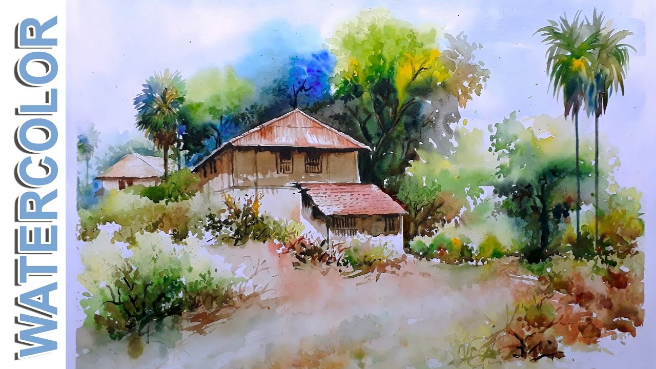 1280x720 Watercolor Painting Village Mud House Scenery Tutorial By Nihar - Watercolor House Painting