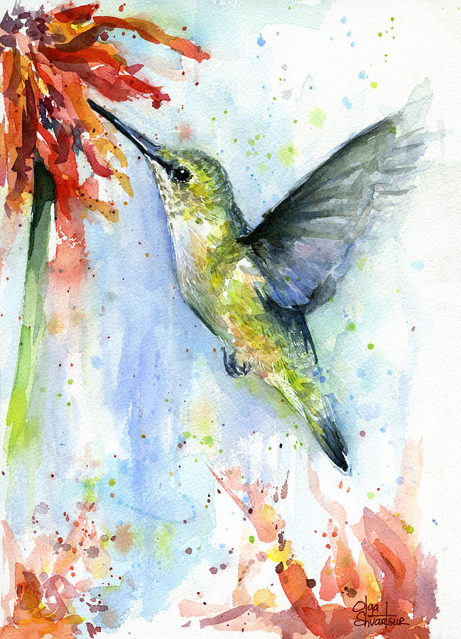 649x900 Hummingbird And Red Flower Watercolor Painting By Olga Shvartsur - Watercolor Hummingbird