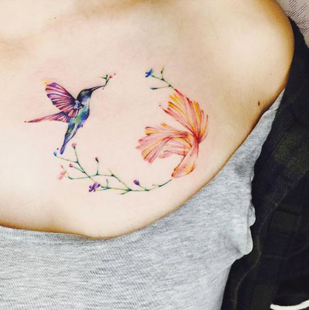 605x606 Cute Hummingbird Tattoo Designs For Women Best Tattoos 2018 - Watercolor Hummingbird Tattoo