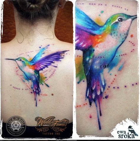474x476 Watercolor Hummingbird Tattoo On Back By Ewa Sroka Tattoo - Watercolor Hummingbird Tattoo