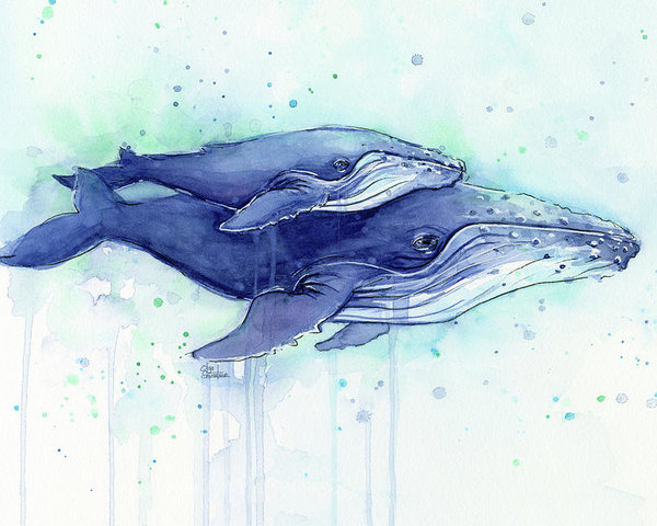 600x480 Humpback Whales Mom And Baby Watercolor Painting - Watercolor Humpback Whale