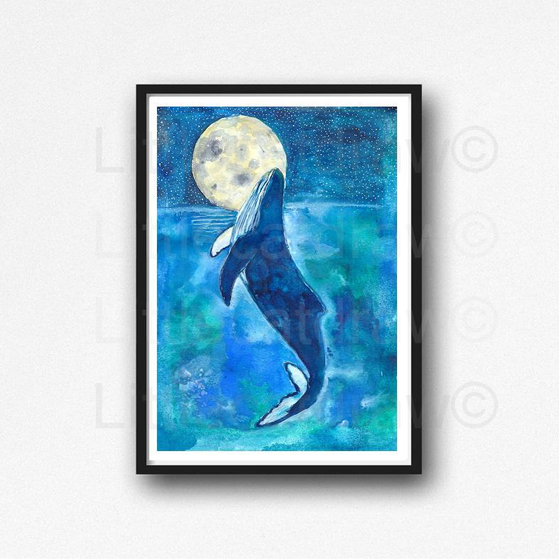 787x787 Buy Humpback Whale Under The Sea Moon And Stars Watercolor - Watercolor Humpback Whale
