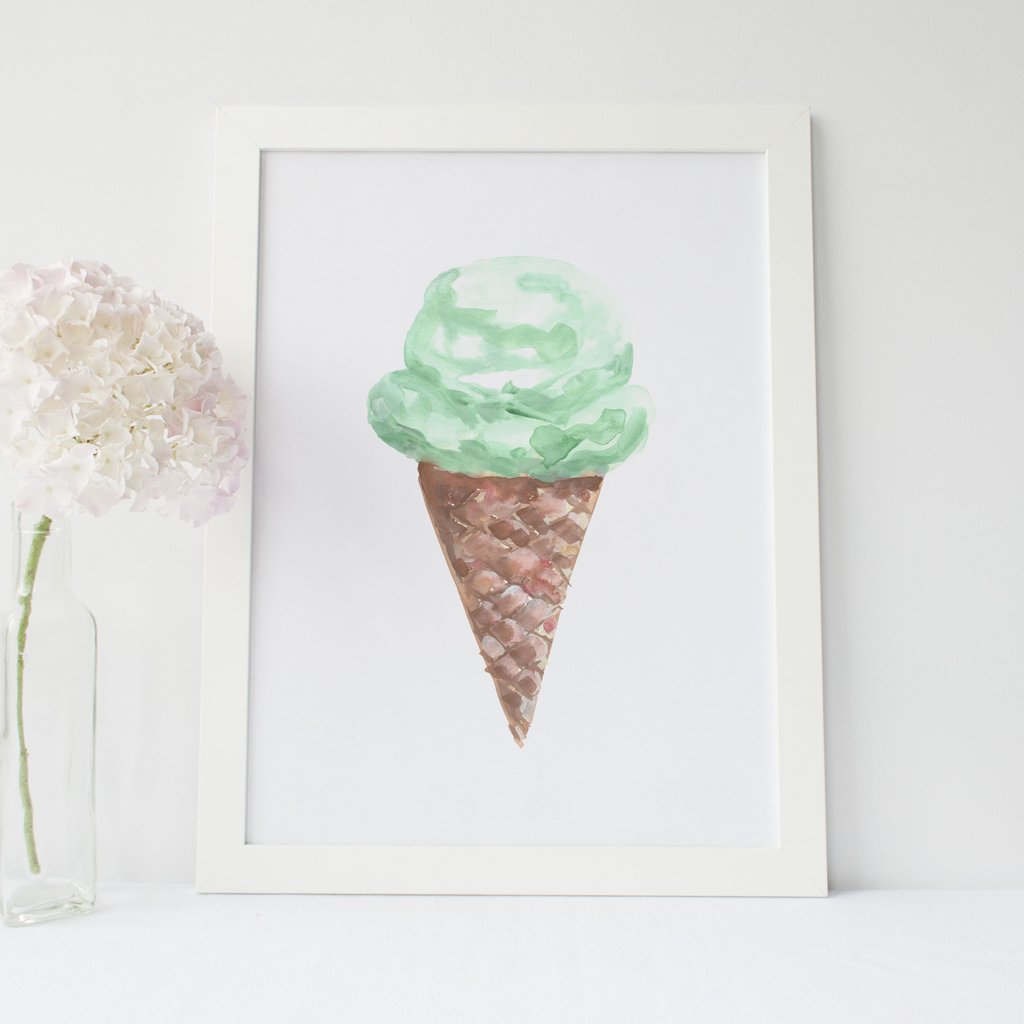 1024x1024 Mint Ice Cream Cone Watercolor Art Print Jetty Home - Watercolor Ice Cream Cone