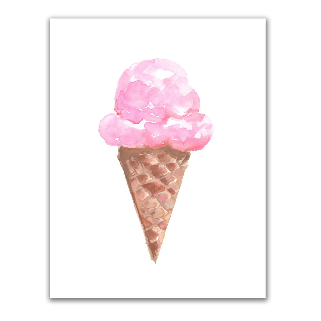 1024x1024 Strawberry Pink Ice Cream Cone Watercolor Art Print Jetty Home - Watercolor Ice Cream Cone
