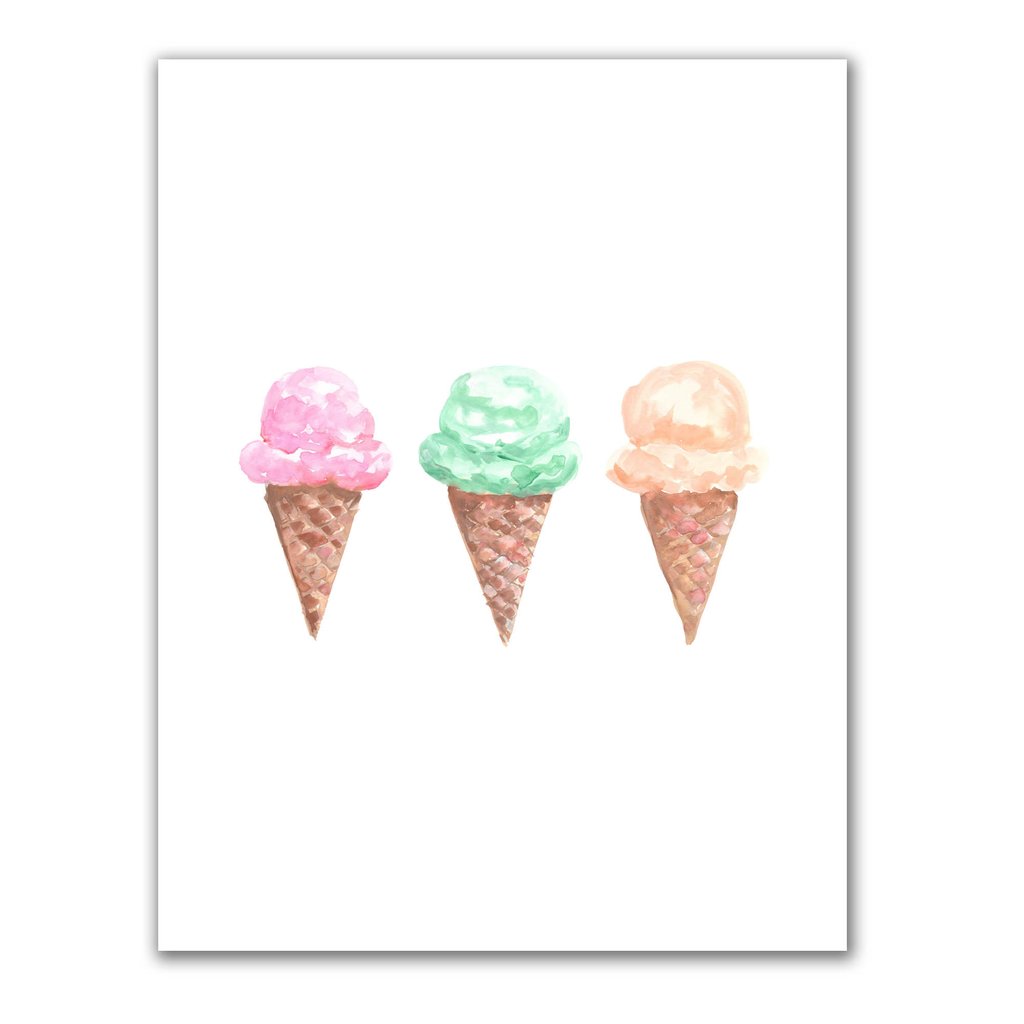 1024x1024 Watercolor Ice Cream Cone Trio Art Print Jetty Home - Watercolor Ice Cream Cone